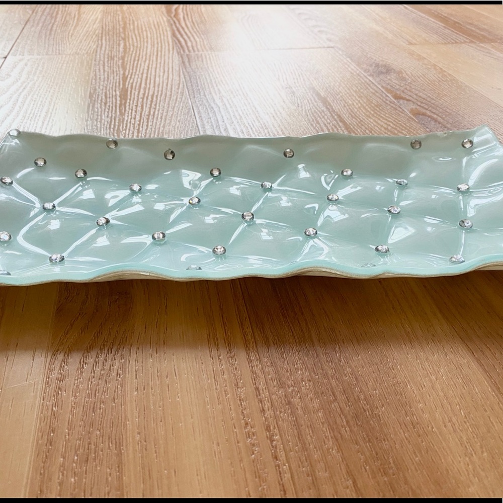 BEAUTIFUL GREEN GLASS VANITY TRAY FAUX RHINESTONE